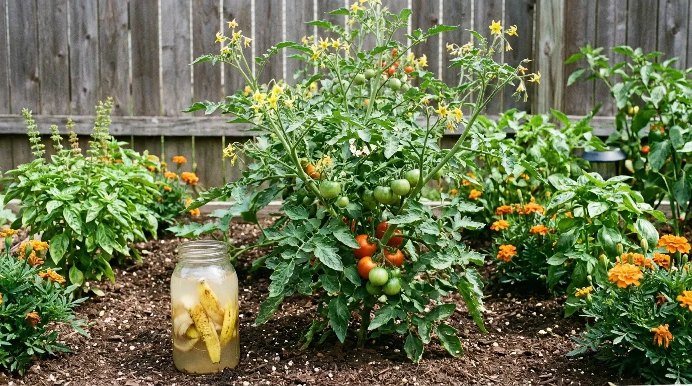 Gardener observing a plant while using banana water