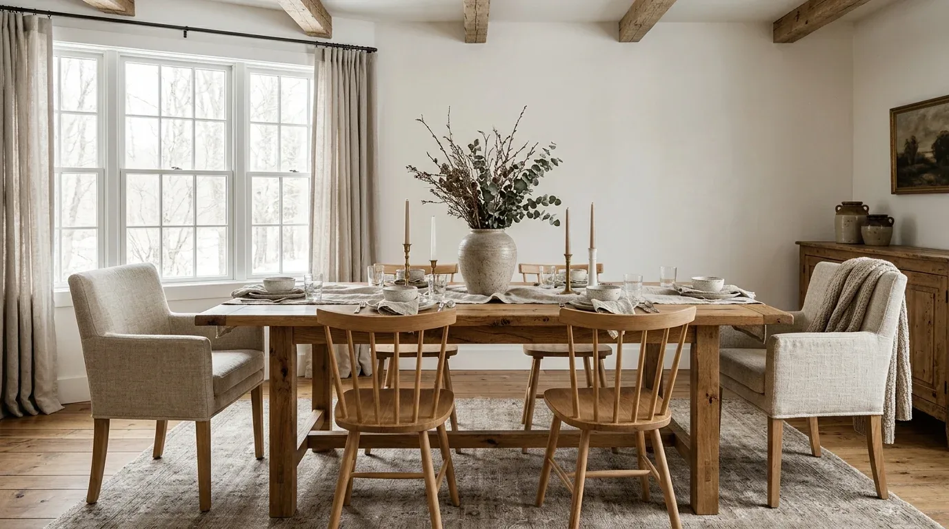 Comfortable upholstered dining chairs paired with a rustic oak table in a neutral farmhouse interior.