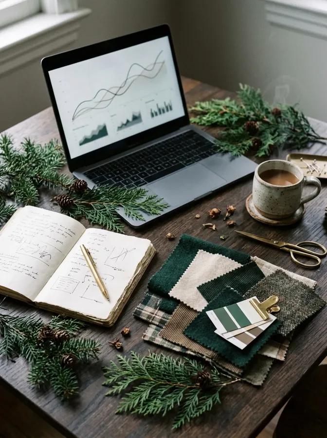 Seasonal Pinterest trend research with a laptop, notebook, and winter style inspiration