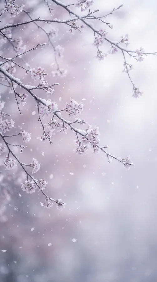 Snow-dusted cherry blossom branches with pale pink flowers against a misty lavender sky.