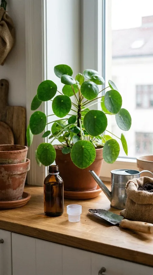 Fertilizer and watering supplies beside a healthy Chinese money plant.