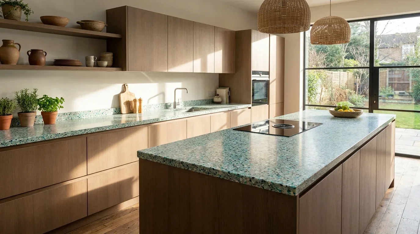 Brushed stainless steel kitchen countertop with an integrated sink and modern appliances.