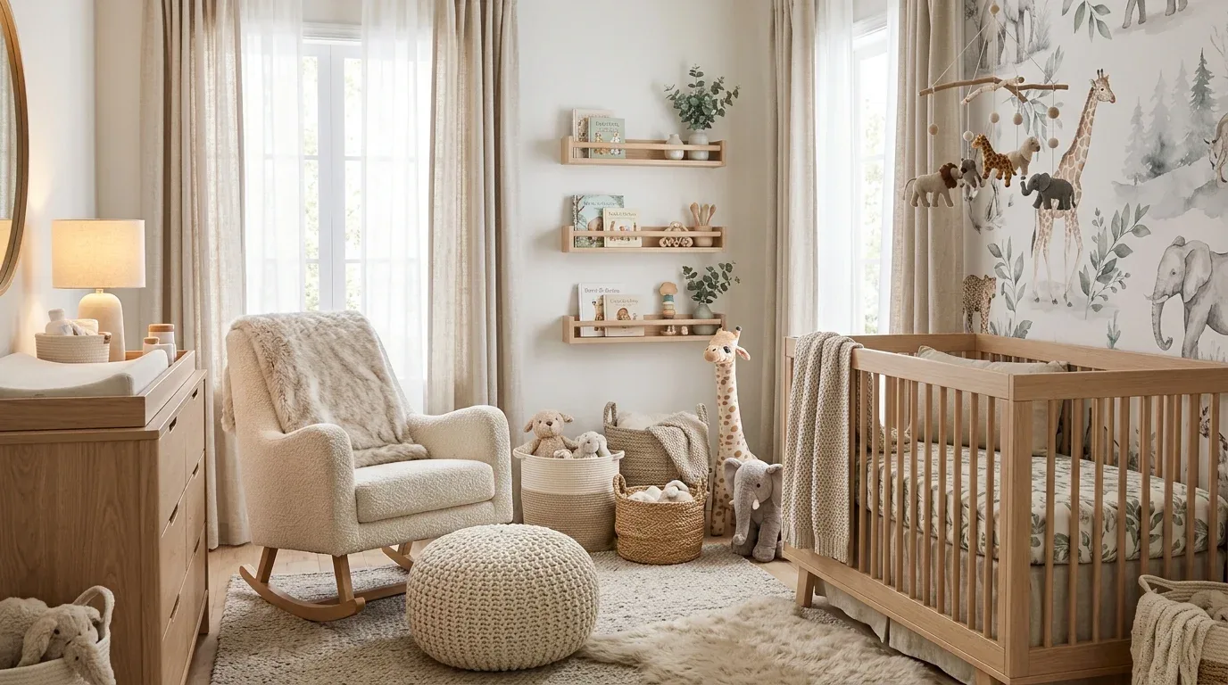 Cozy knitted and faux-fur textures adding winter warmth to a safari nursery.