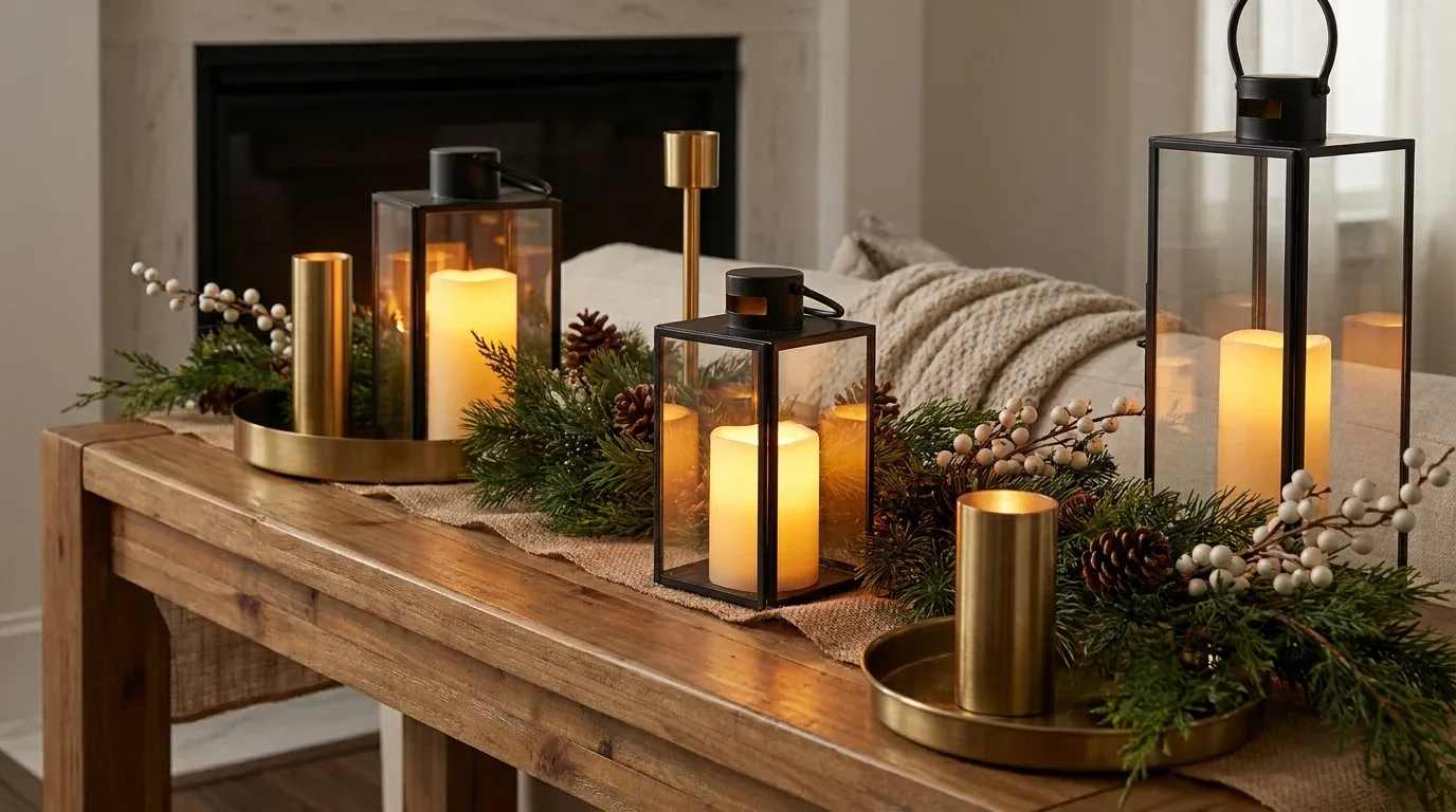 Glass and metal lanterns with glowing flameless candles create cozy winter ambiance.
