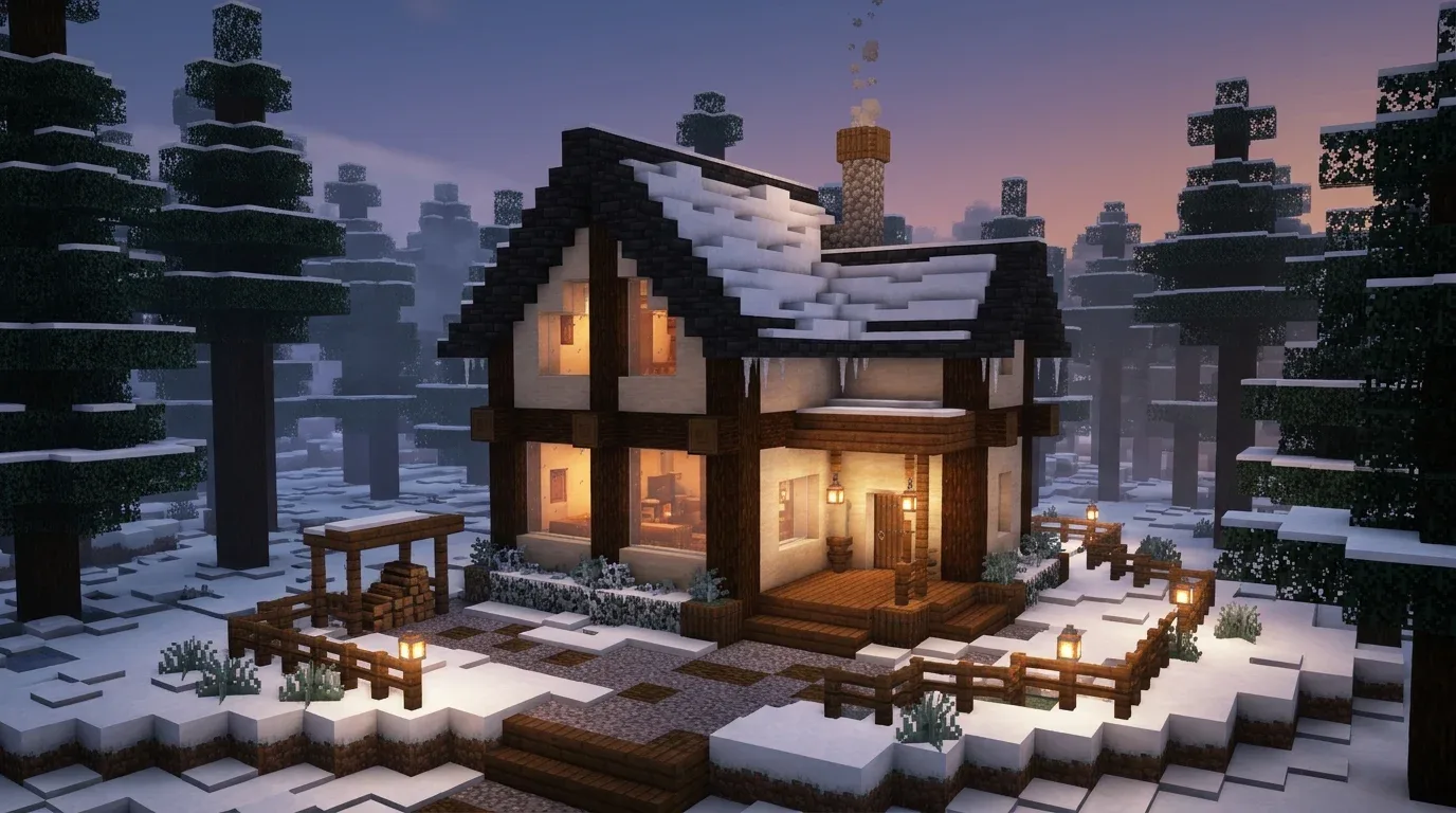 Minimalist Nordic Minecraft winter house with pale walls, dark pitched roof, spruce framing, and a snowy garden.