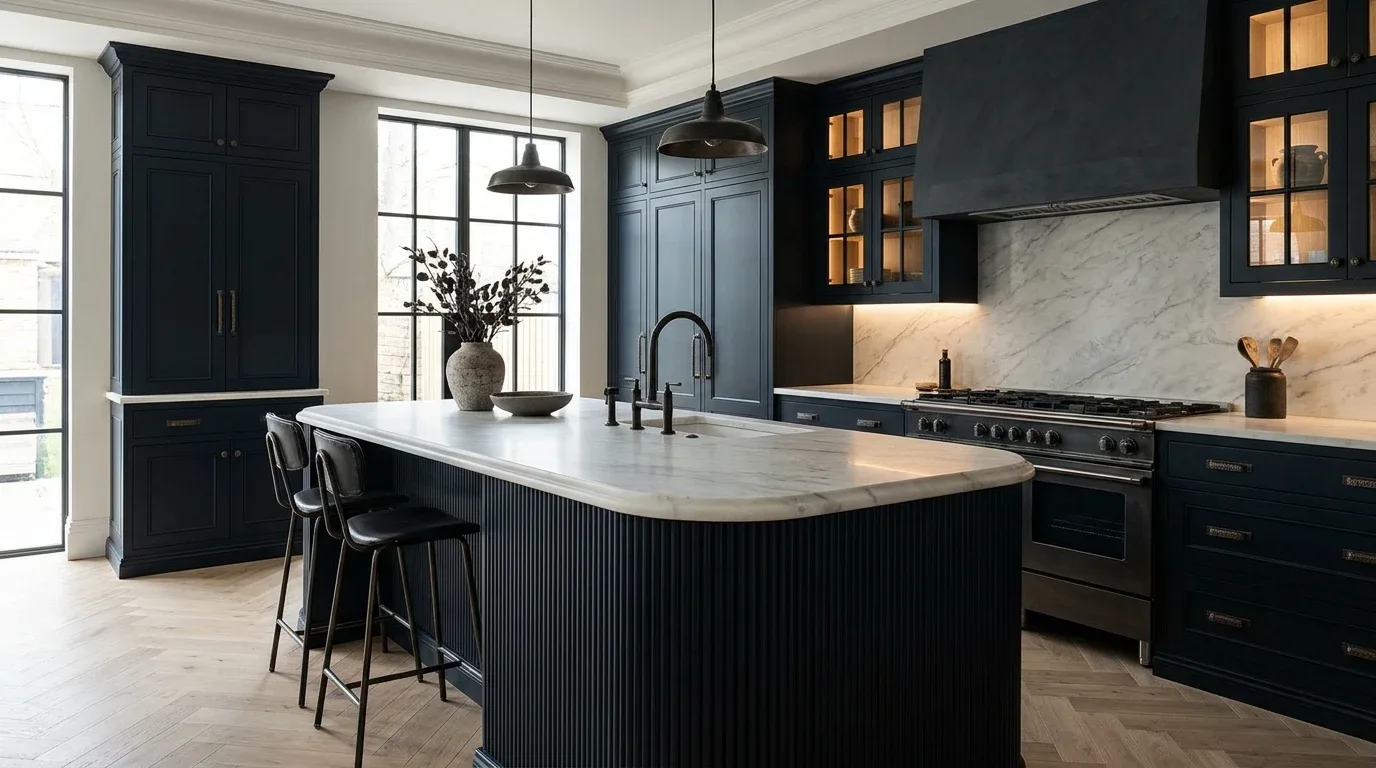 Blue kitchen cabinetry complemented by white marble countertops and a veined marble backsplash.