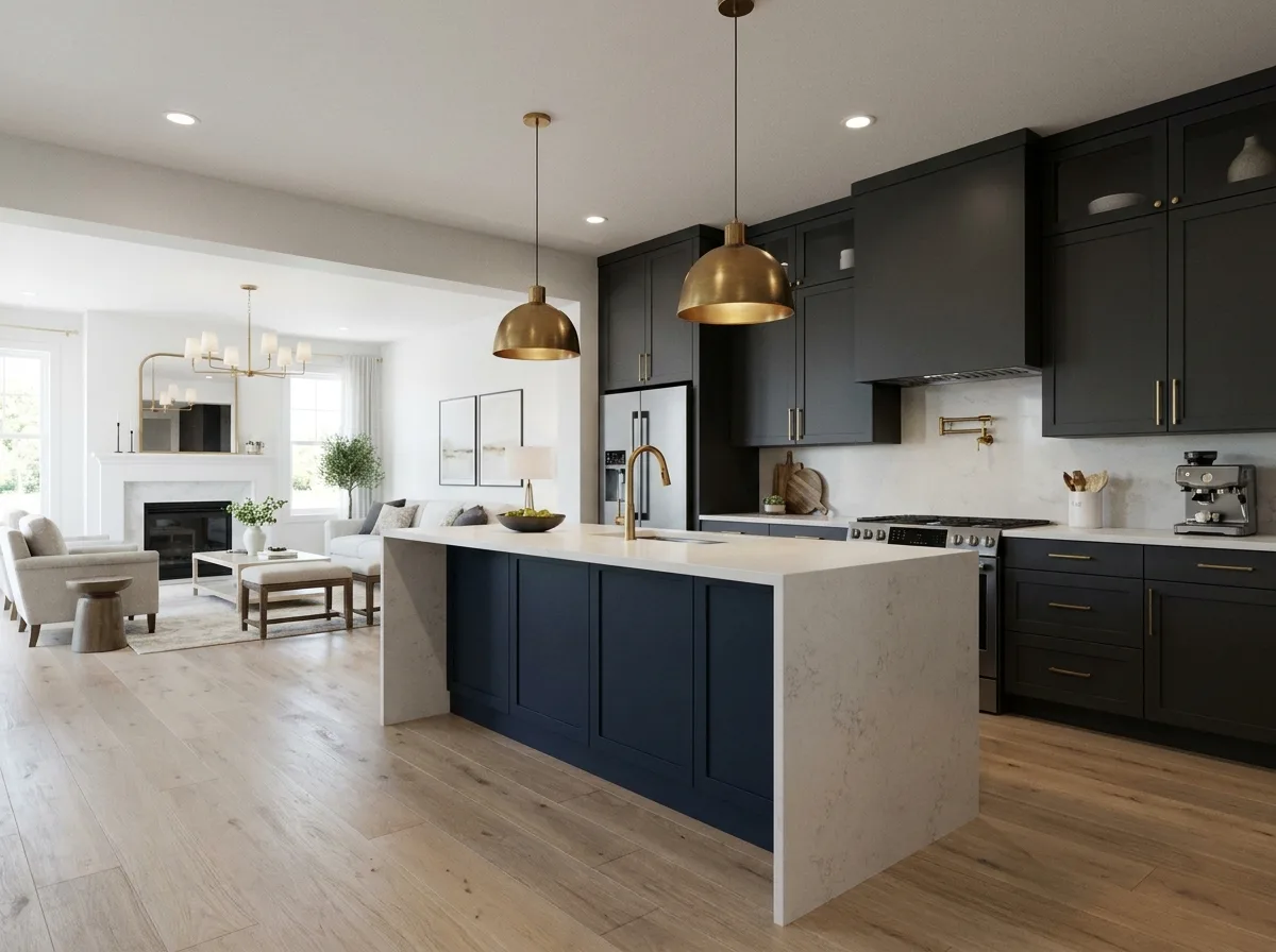 Open kitchen and dining area with a wooden table, upholstered chairs, and coordinated lighting.