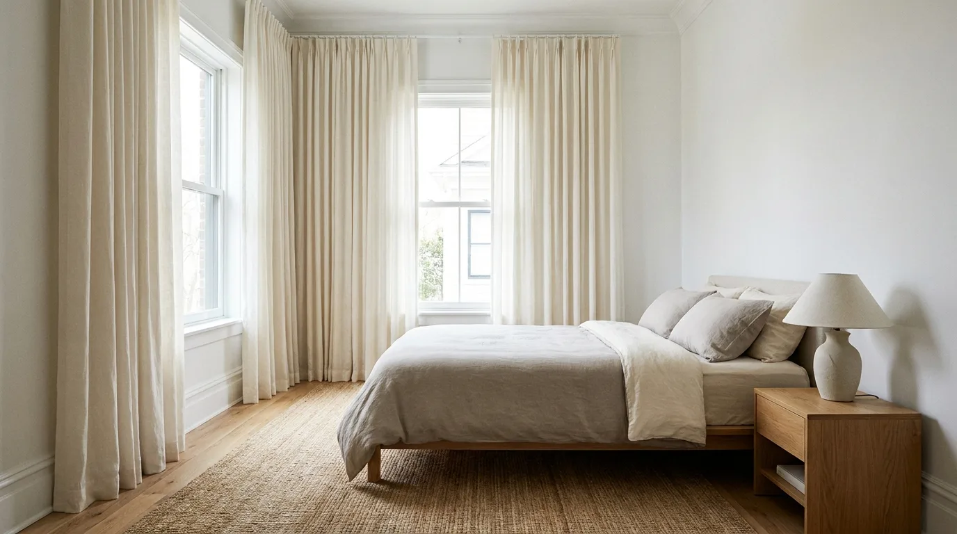 Multifunctional small bedroom furniture including a storage ottoman, compact desk, and drawer nightstand.