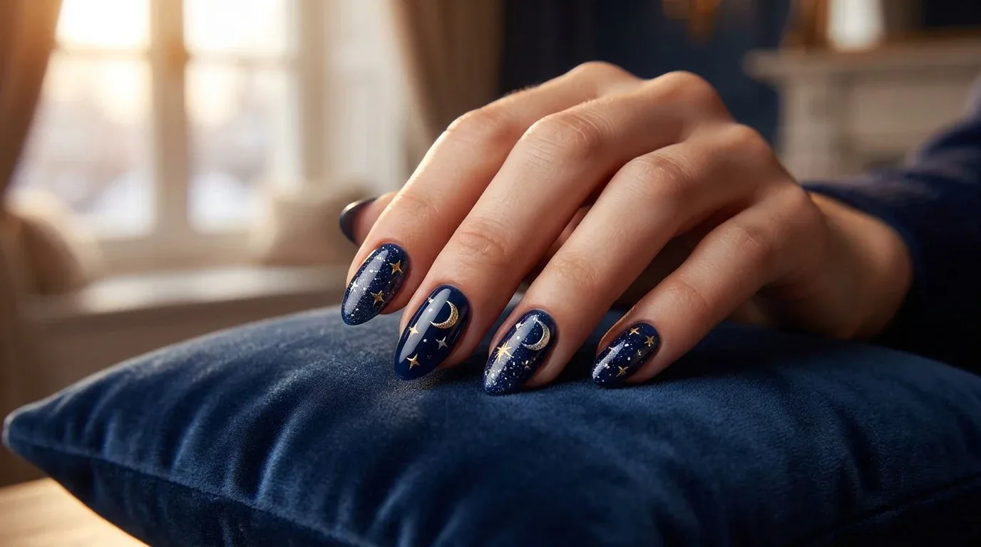 Midnight navy winter nails decorated with tiny metallic stars, crescent moons, and subtle glitter.