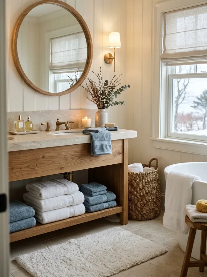 Plush white towels and cozy neutral textiles in a winter-inspired coastal bathroom.