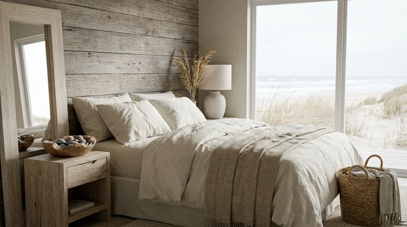 Natural driftwood-inspired accessories and pale wood details in a soothing coastal bedroom.