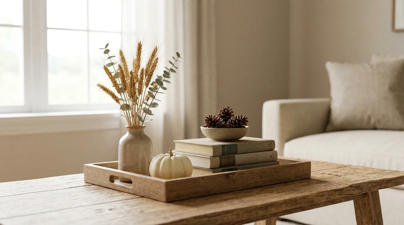 Fall coffee table decor with a wooden tray, ceramic vase, mini pumpkin, books, and pinecones.