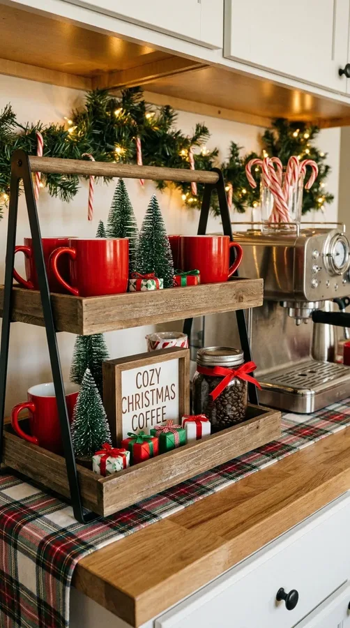 Christmas tiered coffee tray with red mugs, evergreen trees, and holiday ornaments.
