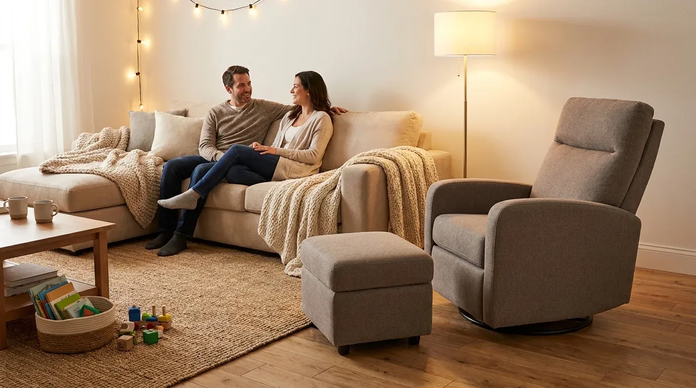 Welcoming family living room with a swivel rocker arranged for conversation.