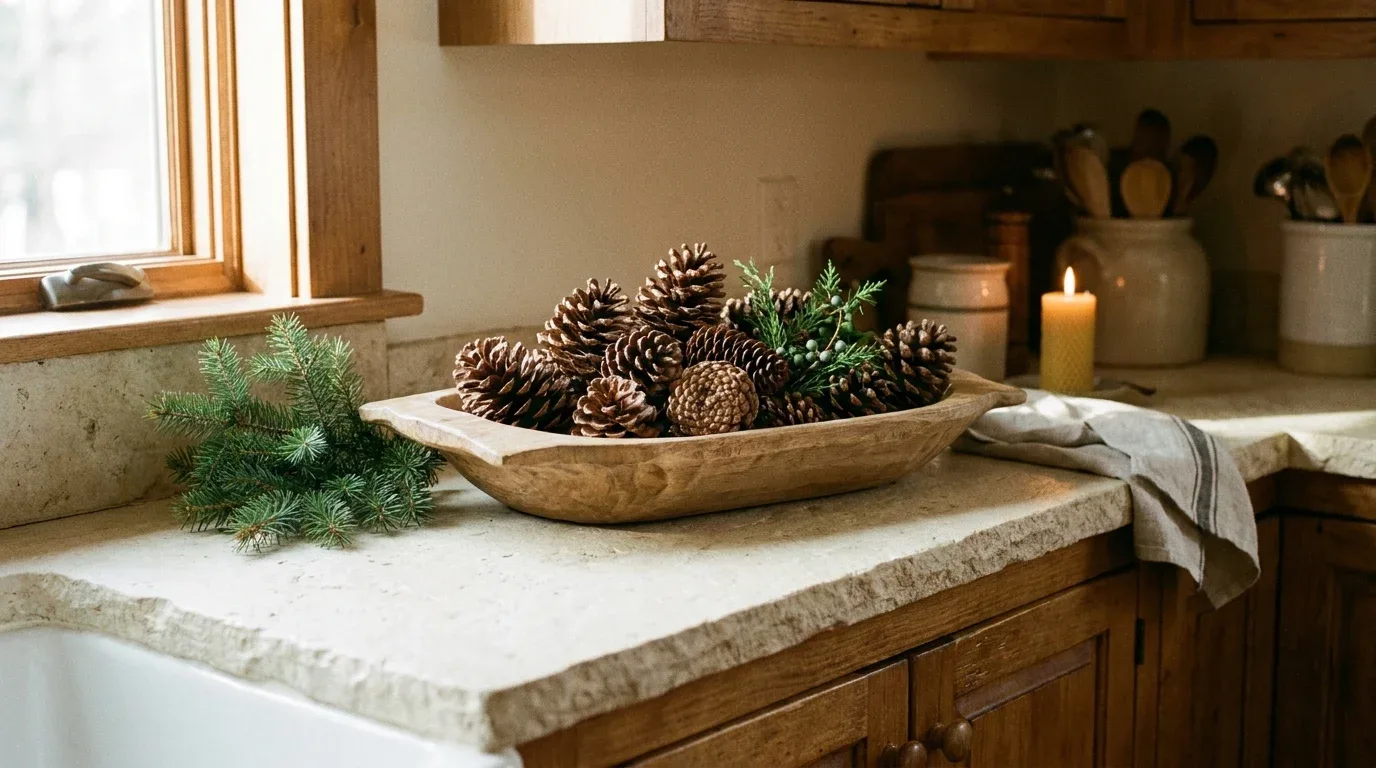 Natural pinecones in a wooden bowl creating woodland-inspired winter kitchen decor