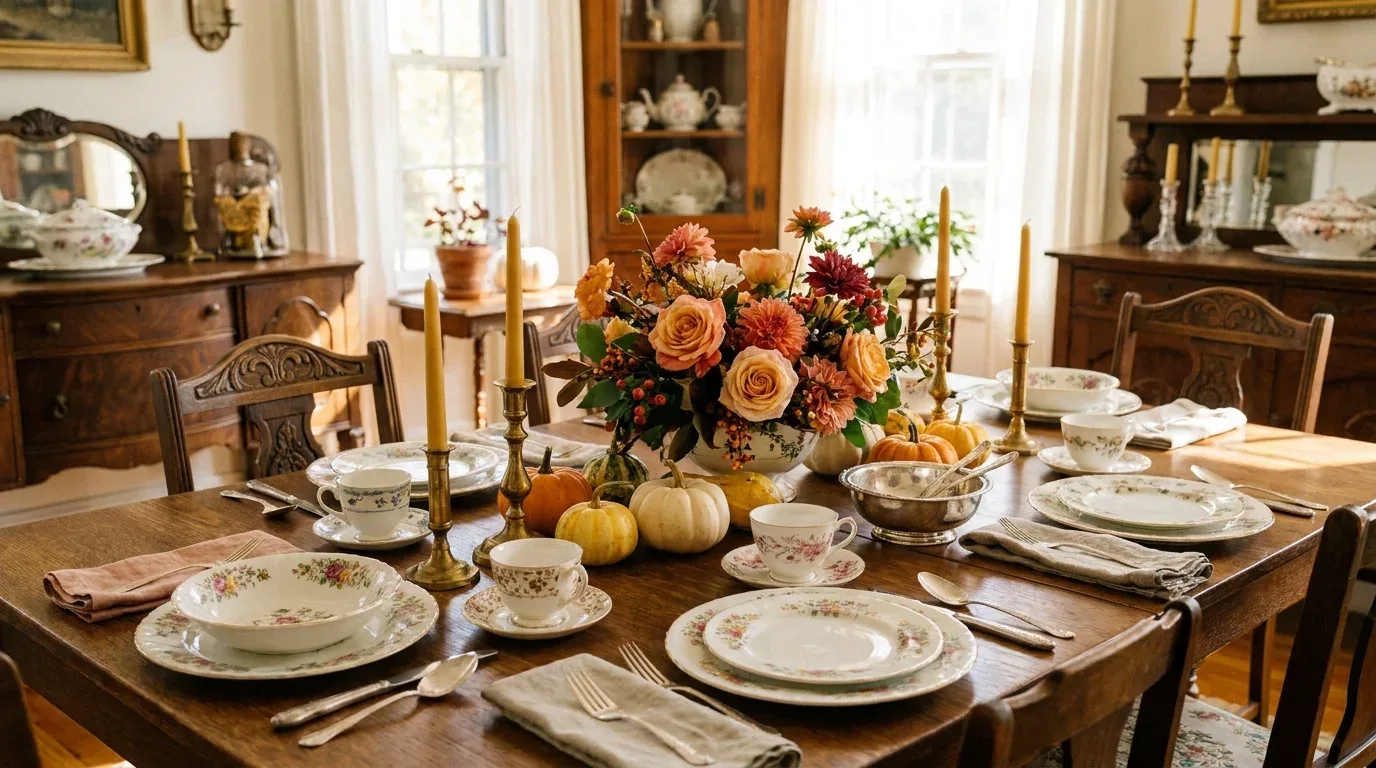 Vintage Thanksgiving tablescape featuring floral heirloom china, antique silver, and autumn flowers.