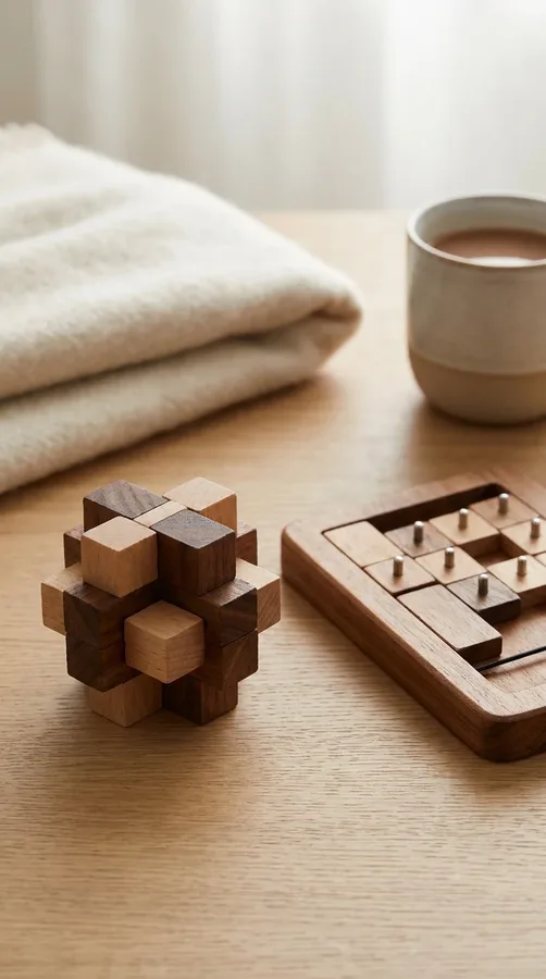 A compact wooden brain-teaser puzzle that makes an entertaining budget-friendly Secret Santa gift.