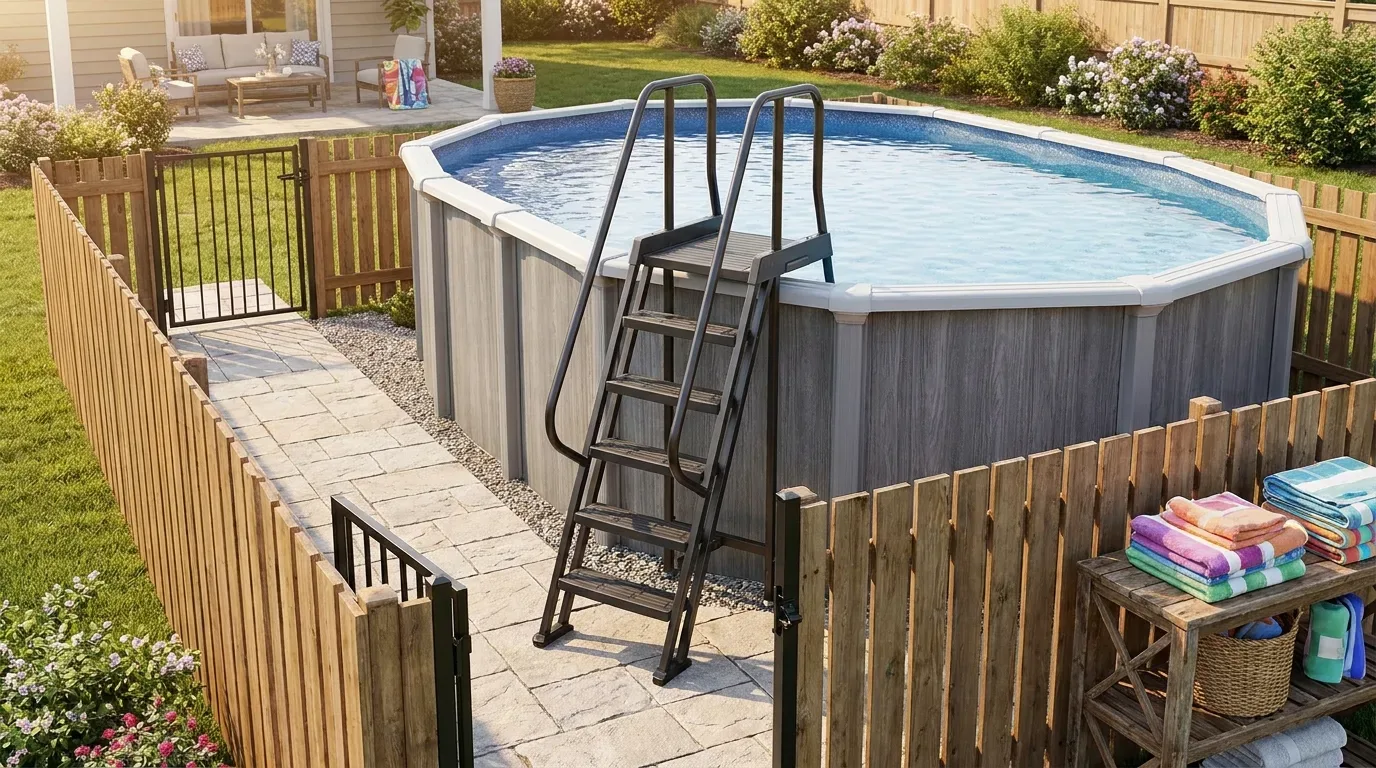 Family-friendly above-ground pool with a stable entry ladder, clear walking area, and secure safety barrier.