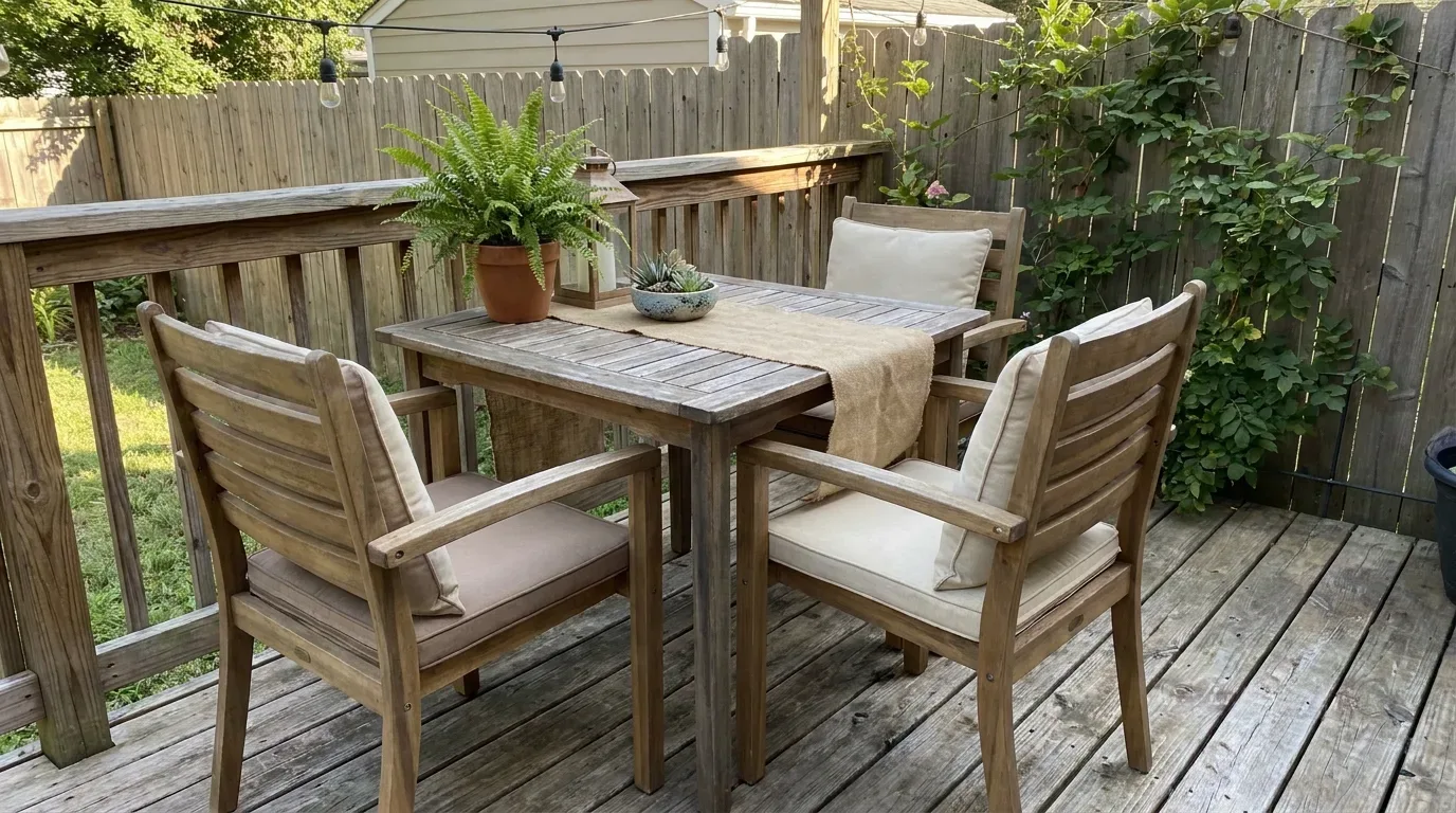 Wooden deck bordered by gravel and simple landscaping