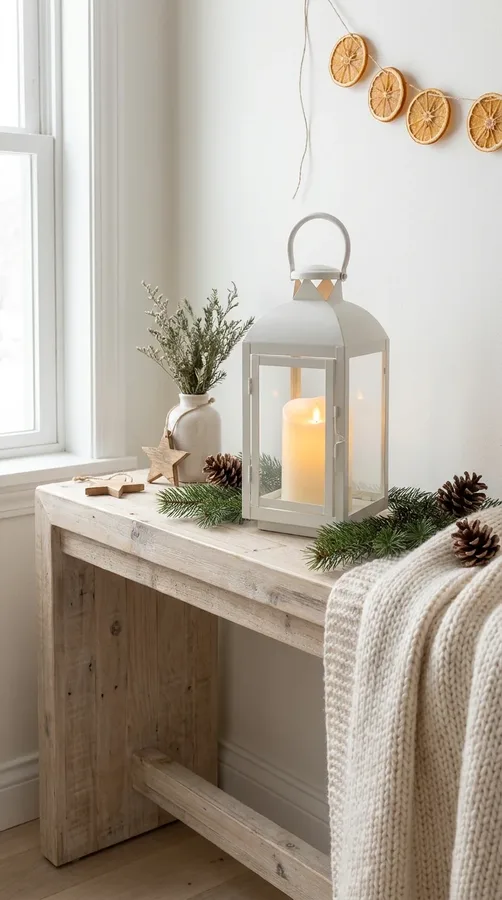 Minimalist white Christmas lantern with evergreen branches in a calm Scandinavian-inspired interior.