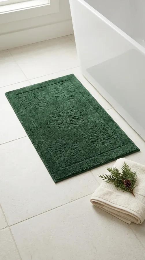 Natural pinecones, a wooden Christmas ornament, and evergreen greenery on a bathroom tray.