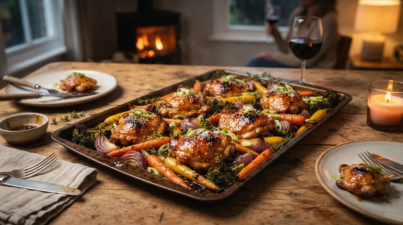 Honey garlic chicken with colorful roasted vegetables for an easy winter dinner.