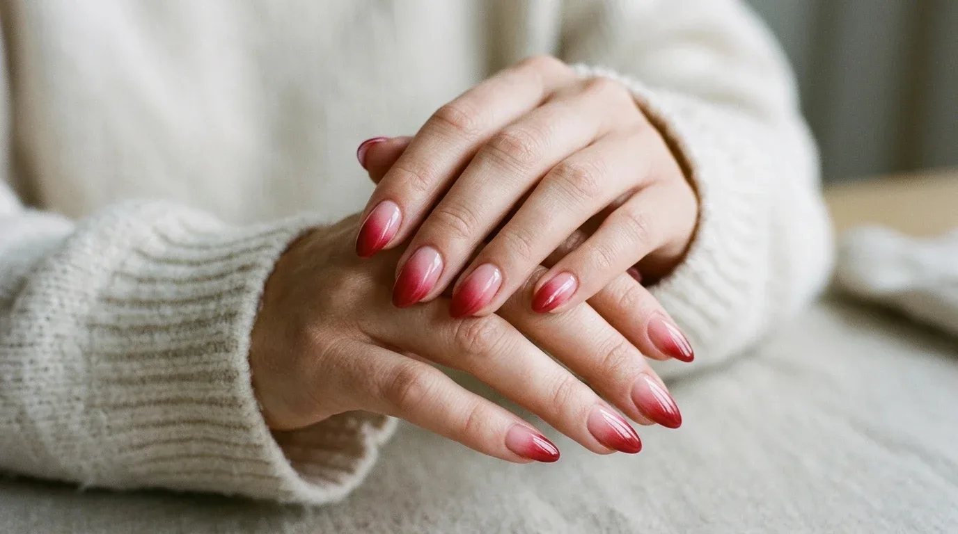 Romantic red and pink ombre Valentine's nails with a smooth glossy gradient.
