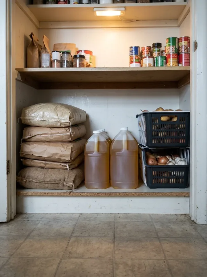 Narrow bins organize spaghetti, penne, egg noodles, and other pasta in a small pantry.