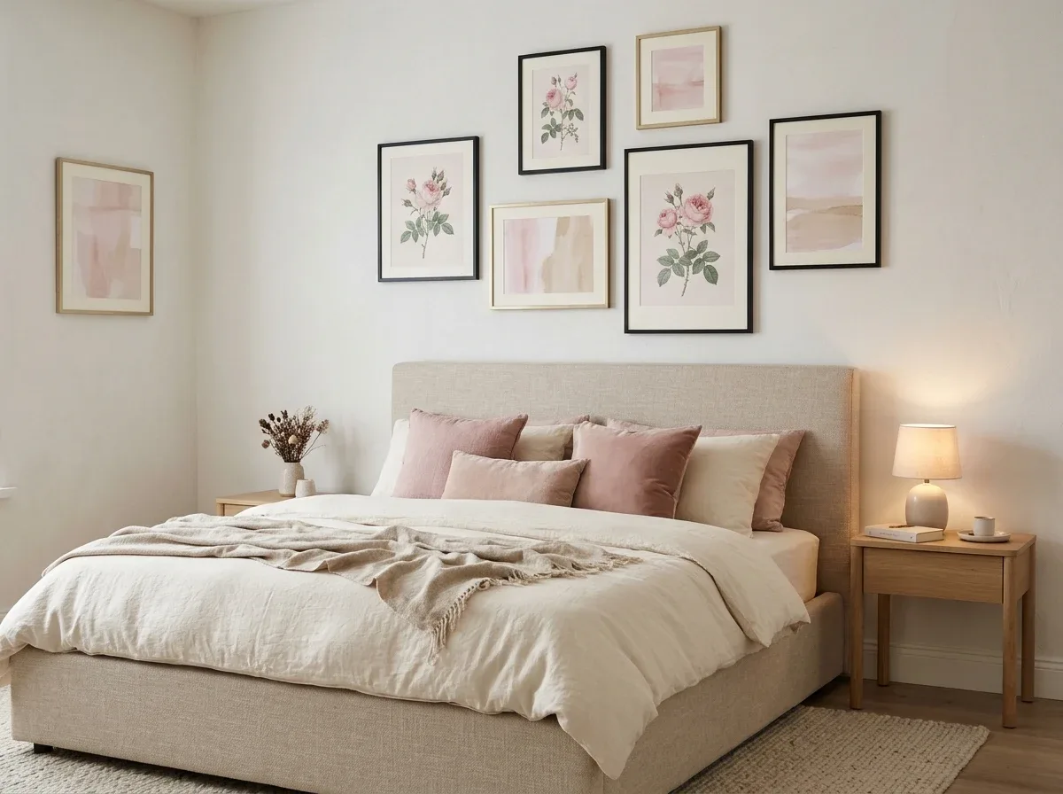 Romantic bedroom wall art featuring rose prints and blush artwork above a neutral upholstered headboard.
