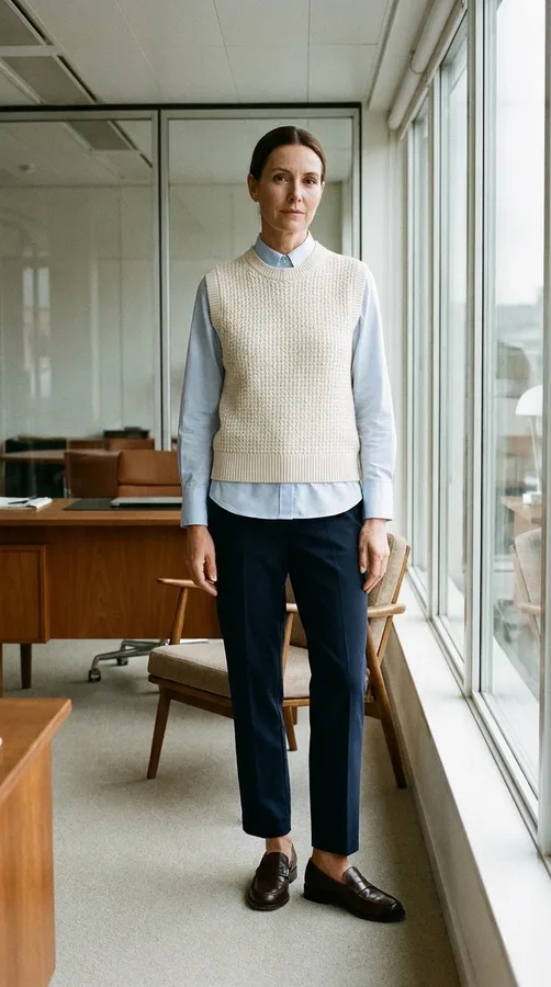 Cream sweater vest layered over a pale blue shirt with navy trousers and leather loafers.