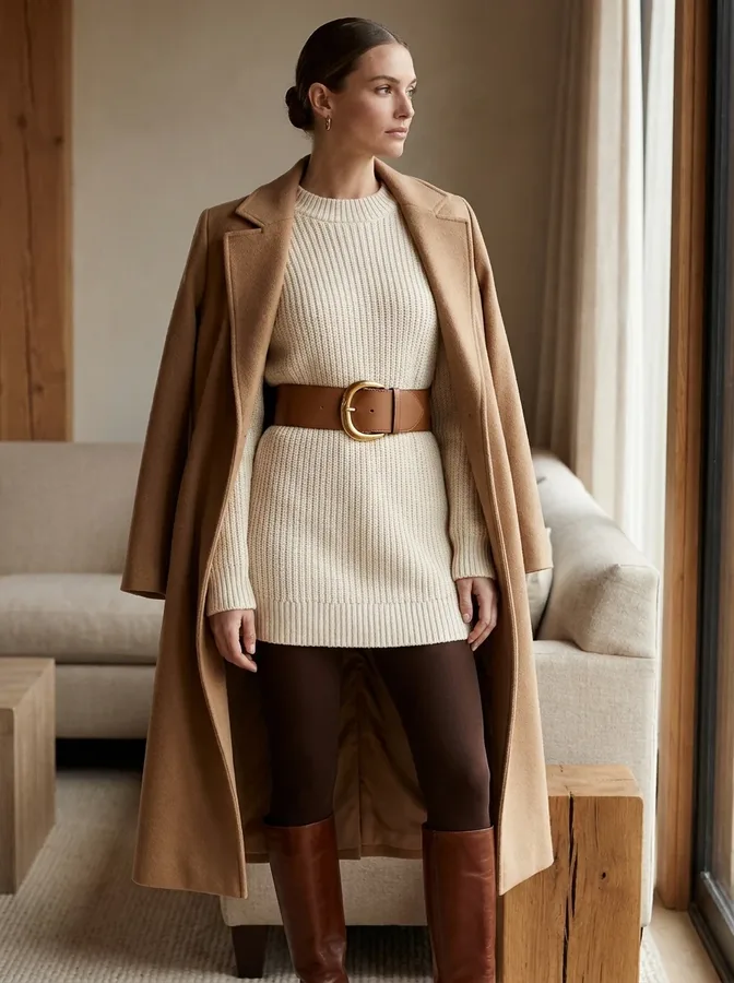 Cream faux-fur jacket layered over a black mini dress with tights and knee-high boots.