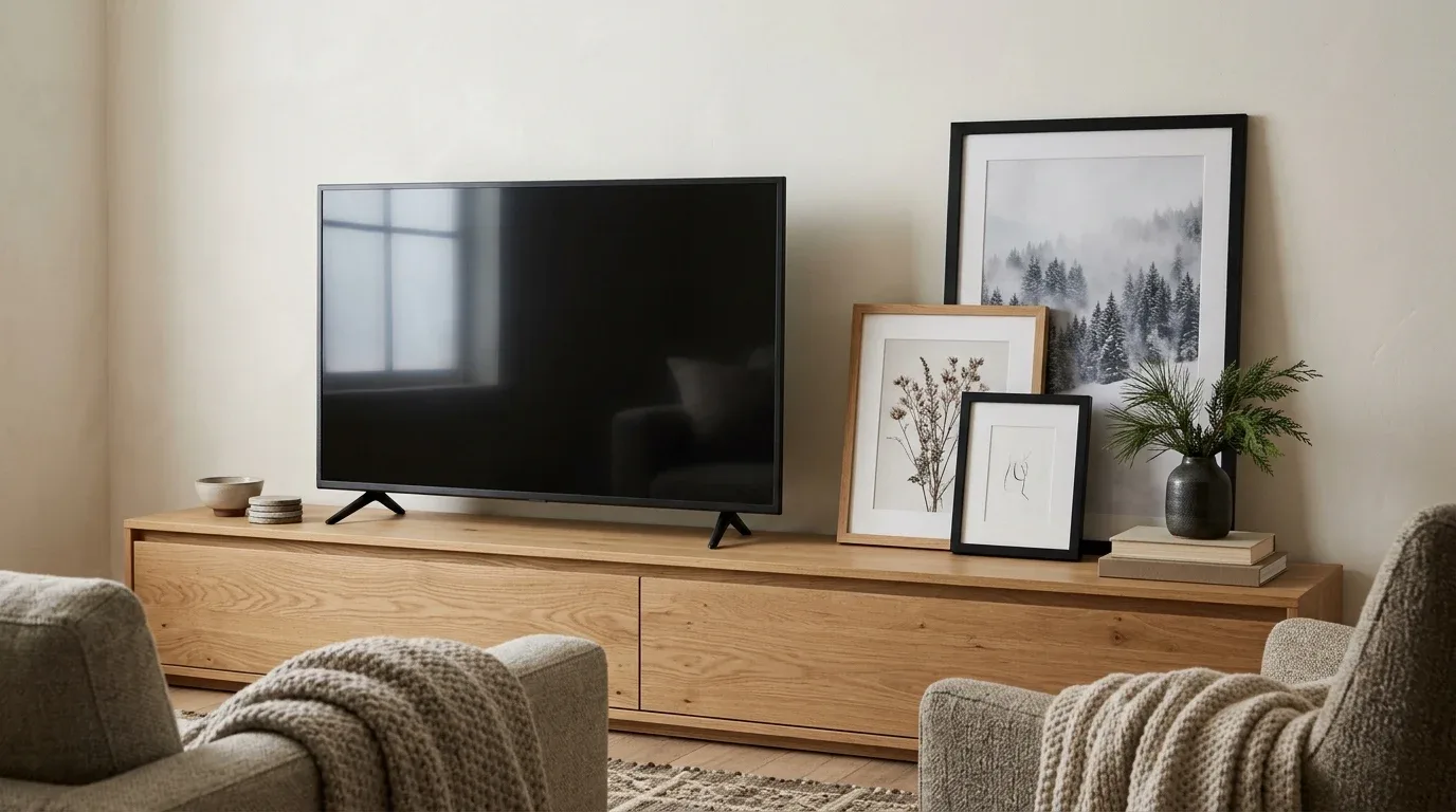 A statement ceramic vase with sculptural bare branches adds natural height beside a TV.