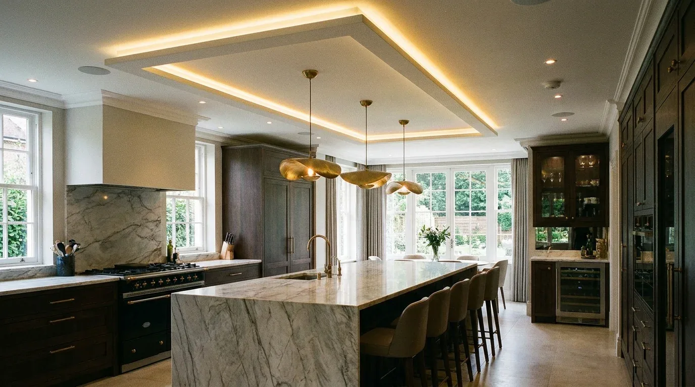 Geometric cutout gypsum false ceiling for a modern kitchen