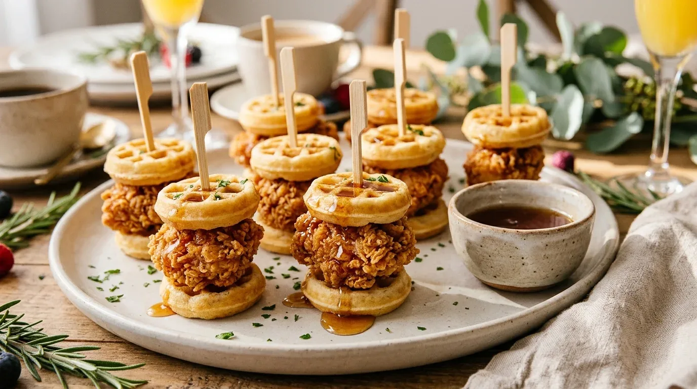 Mini chicken and waffle bites drizzled with maple syrup and arranged on a party platter.