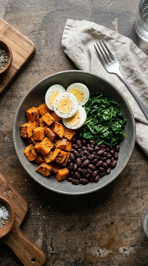 Sweet potato breakfast bowl with eggs, spinach, and black beans.