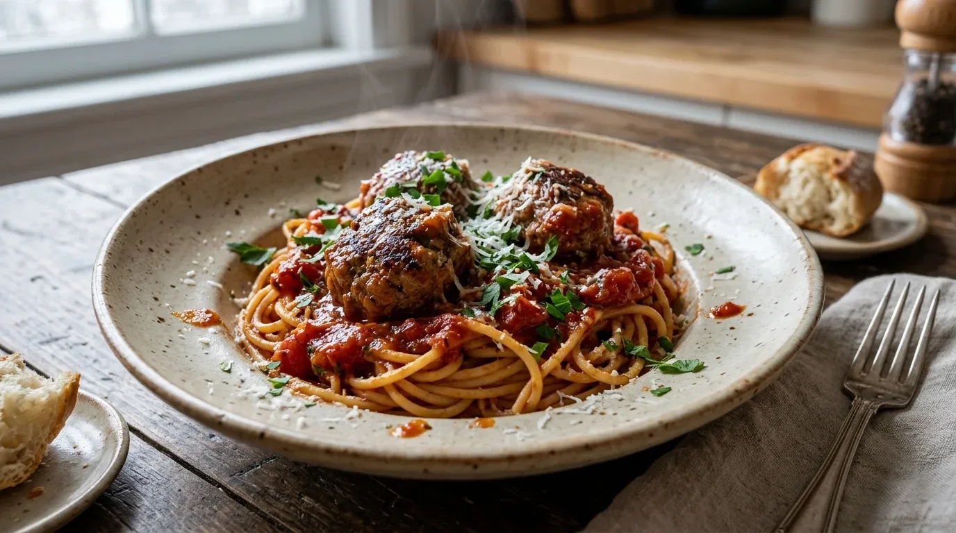 Homemade ground beef meatballs simmered in tomato sauce and served over spaghetti with Parmesan.