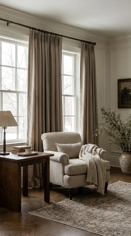 Floor-length lined taupe curtains create a polished and cozy traditional winter interior.