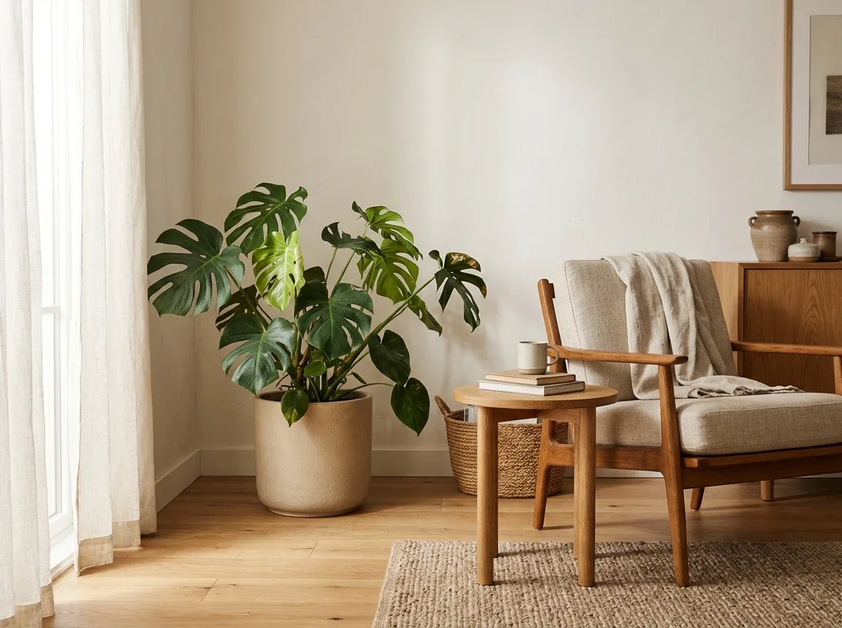 A realistic leafy houseplant in a well-proportioned planter brightening a tidy living room corner.