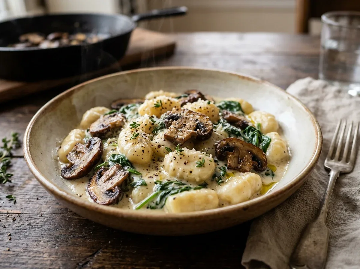 Creamy mushroom and spinach gnocchi with Parmesan sauce and fresh thyme.