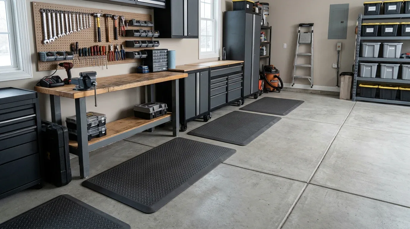 Charcoal rubber anti-fatigue mats placed neatly in front of an organized garage workbench.