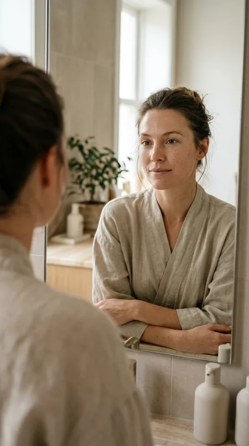 Woman looking at her reflection without touching her face, illustrating gentle care for blemish-prone skin.
