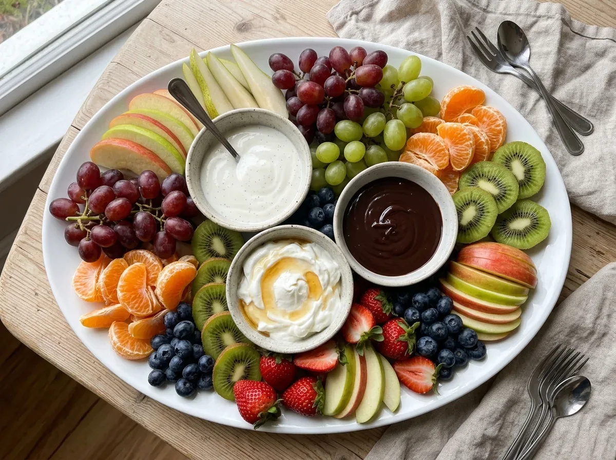 Winter fruit platter with apples, pears, grapes, kiwi, mandarins, berries, and three dipping sauces.