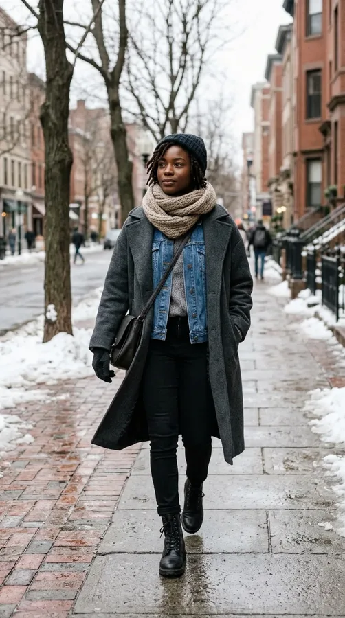 Black woman layering a denim jacket and sweater beneath a warm charcoal winter coat.
