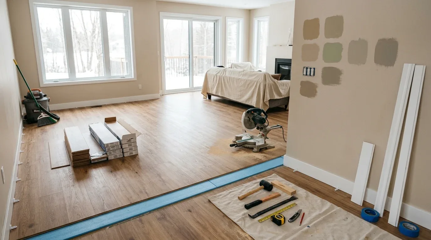 Flooring and wall material samples prepared for a winter interior renovation