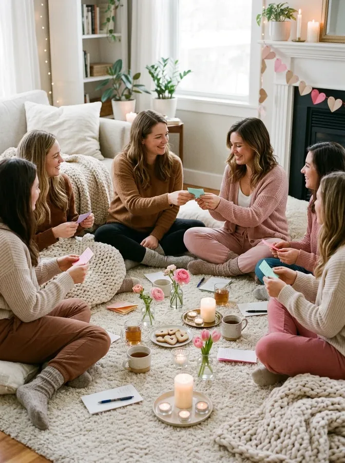Women friends exchanging thoughtful compliments during a cozy Galentine's gathering.