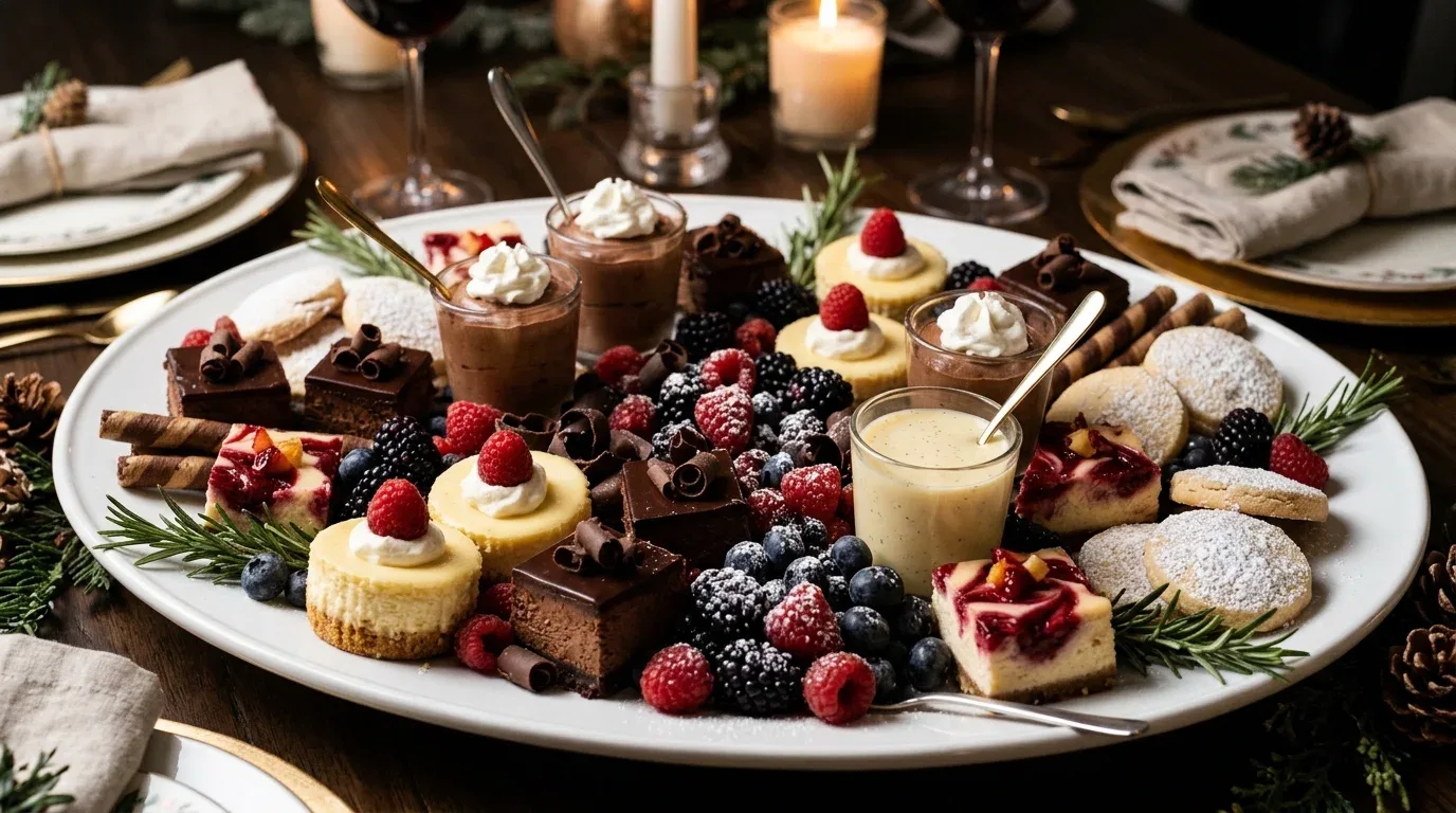 Peanut butter and chocolate dessert board with brownies, peanut butter cups, cookies, pretzels, and dipping sauces.