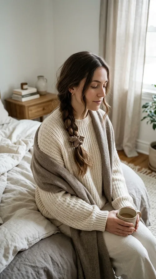Loose low braid secured with a soft fabric tie to minimize tension on the hairline.