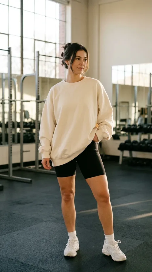 Black biker shorts and an oversized cream sweatshirt create a comfortable indoor gym outfit.