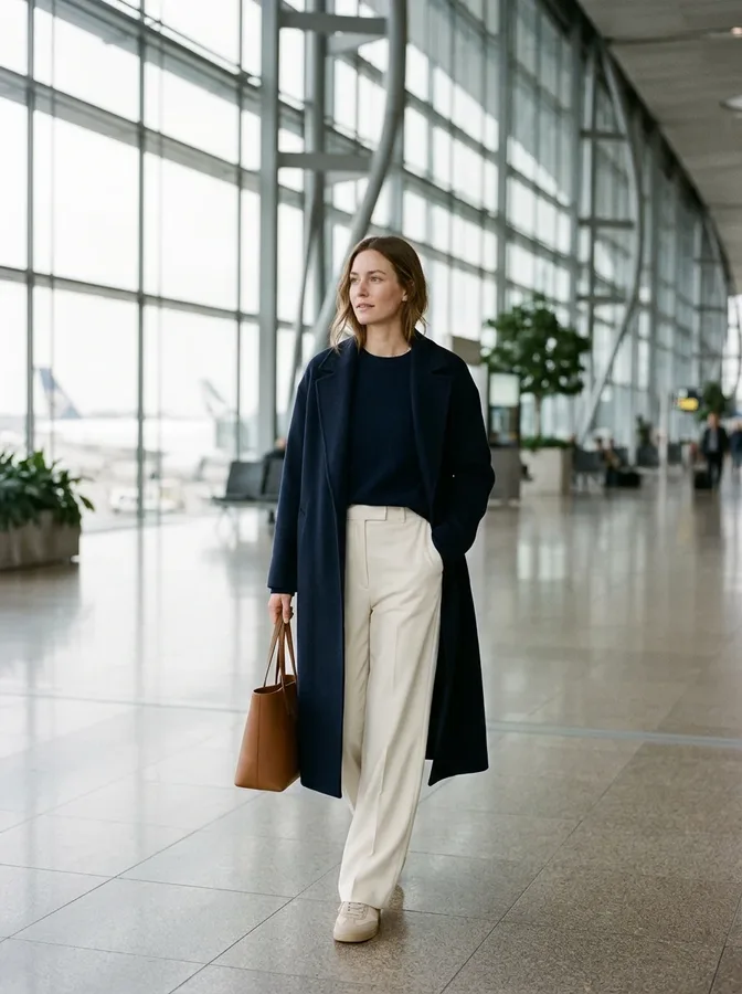 Navy sweater and cream wide-leg trousers styled with a matching coat and tan tote for winter travel.