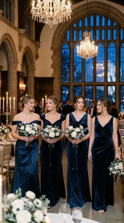 Midnight blue bridesmaid gowns creating an elegant look for an evening winter wedding.